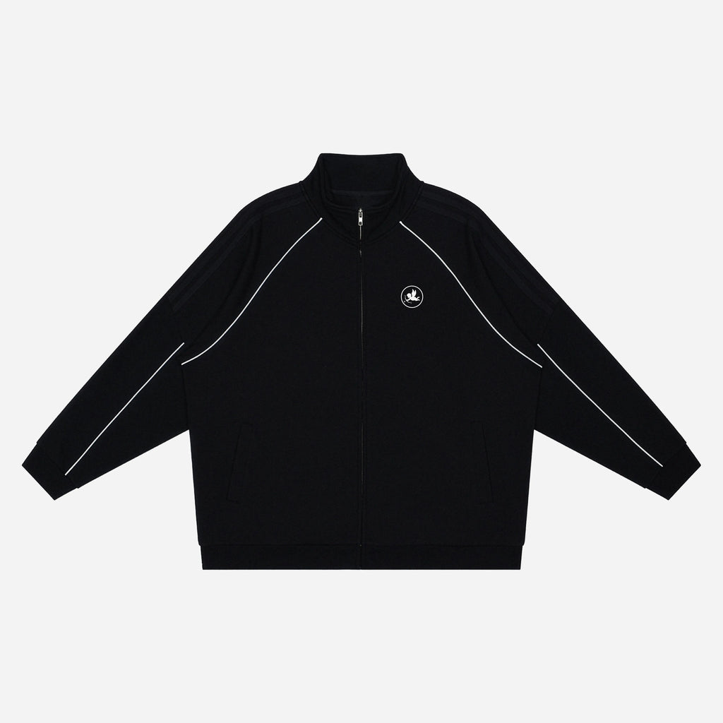 Black jacket with a logo on a white background