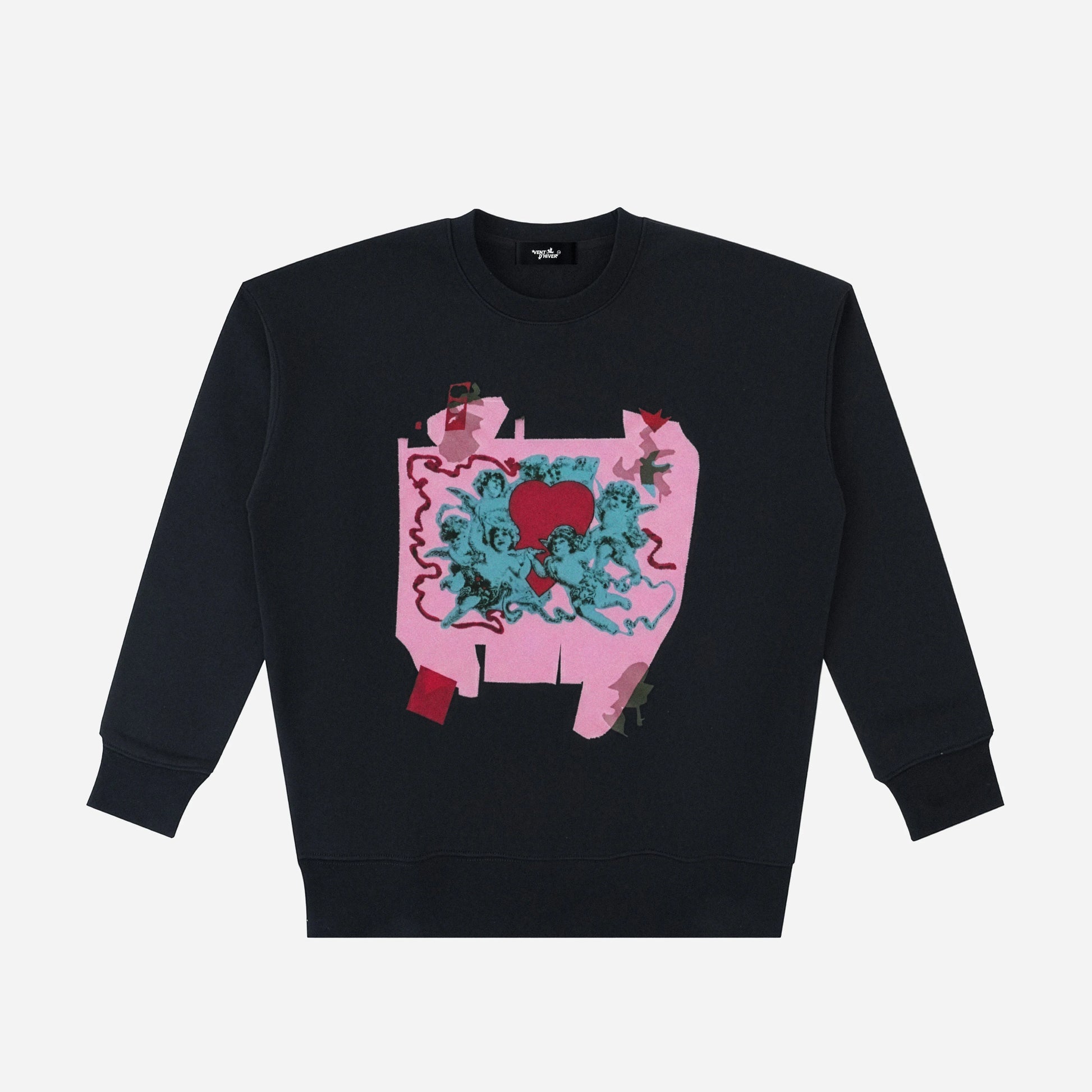 Black sweatshirt with colorful graphic design on a white background