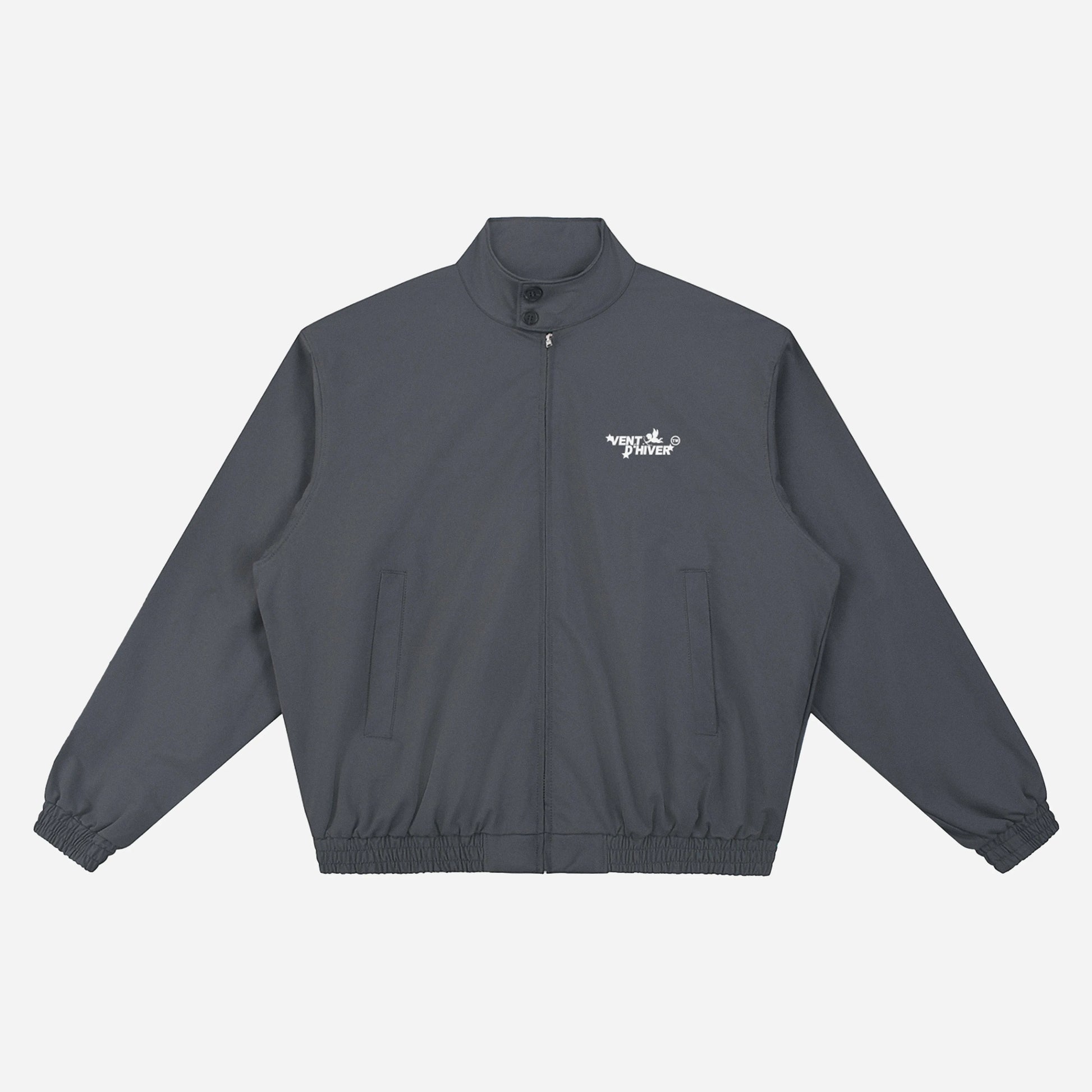 Dark gray jacket with a brand logo on a light gray background