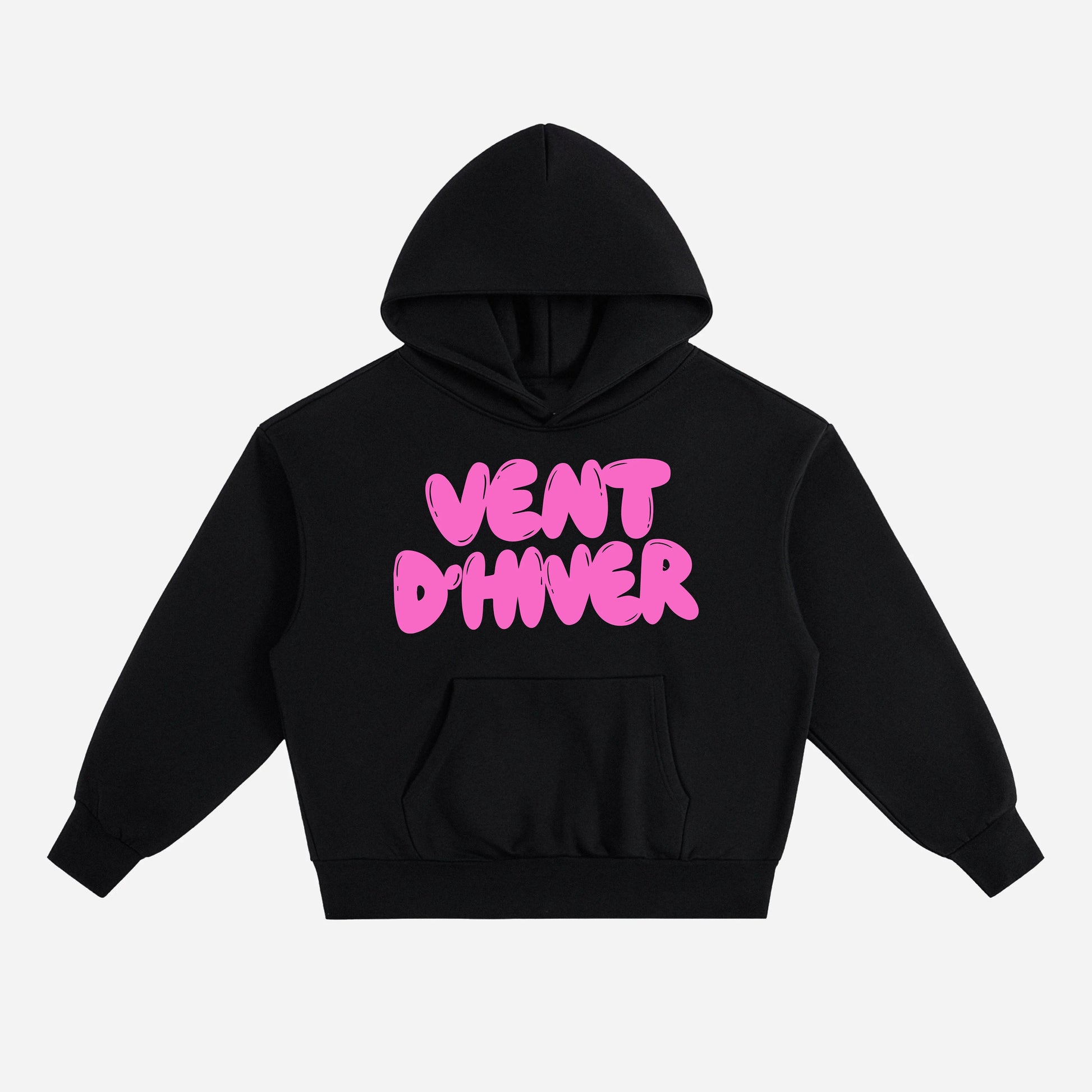 Black hoodie with pink text on a white background