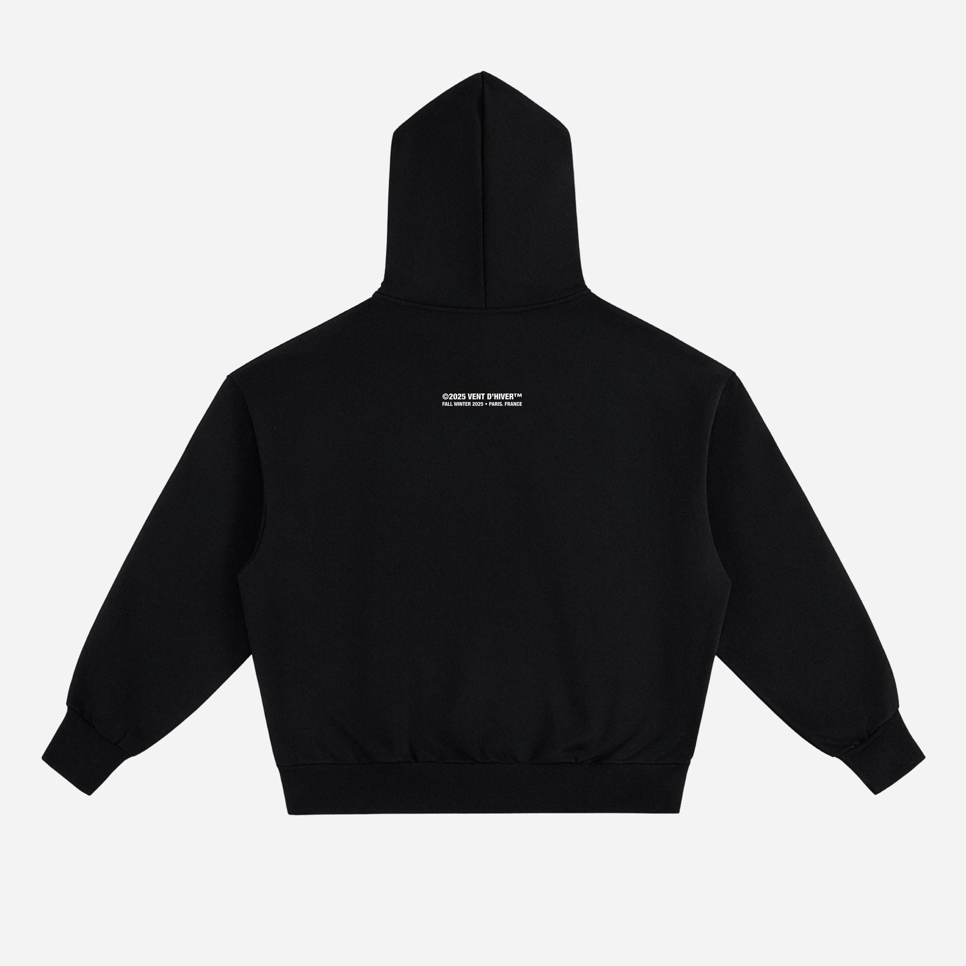 Black hoodie with a logo on the back against a white background