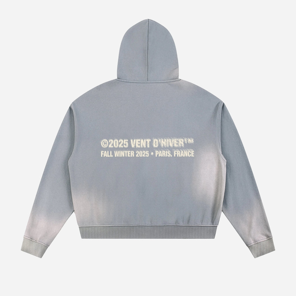 Gray hoodie with brand logo on the back against a white background