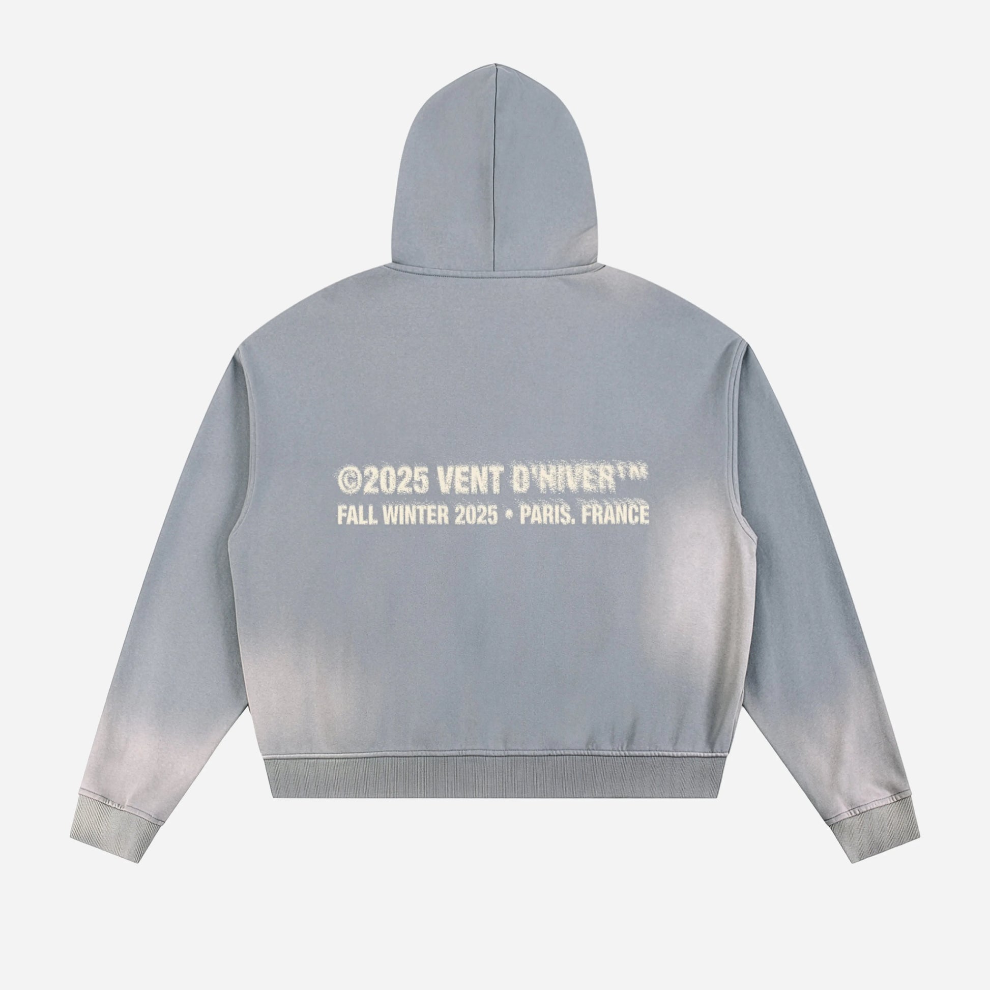 Gray hoodie with brand logo on the back against a white background