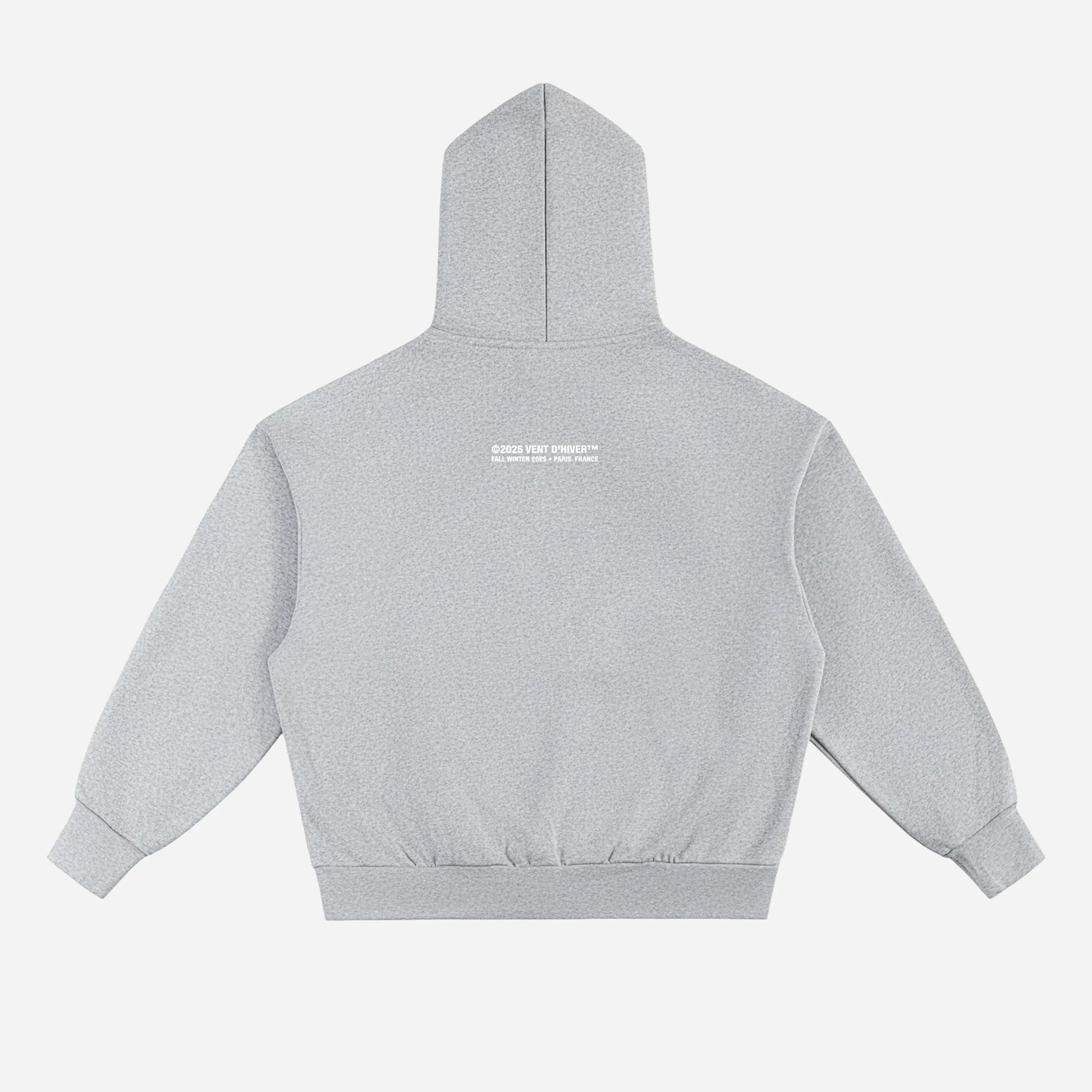 Gray hoodie with a logo on the back against a white background