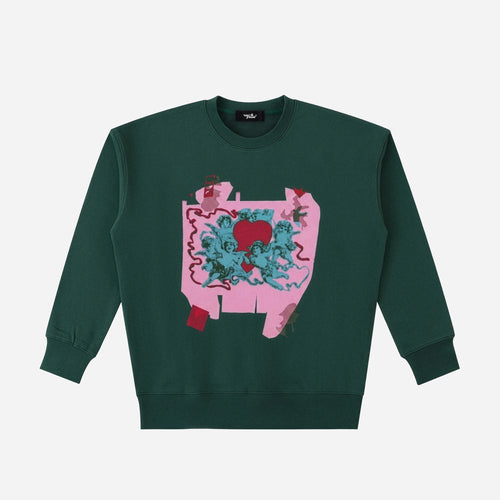 Green sweatshirt with a colorful graphic design on a white background