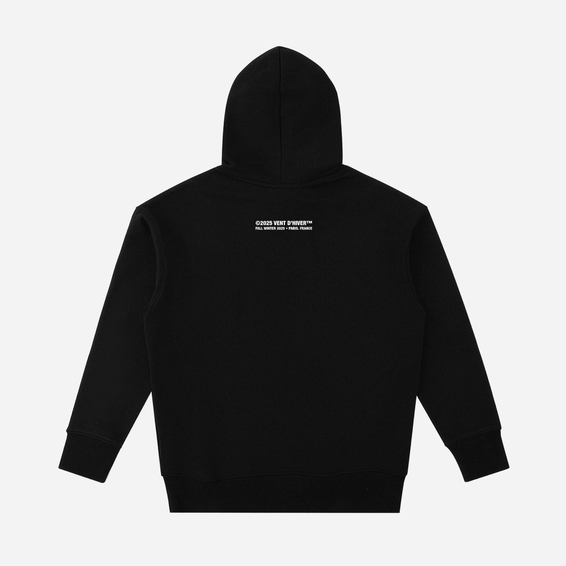 Black hoodie with a logo on the back against a white background