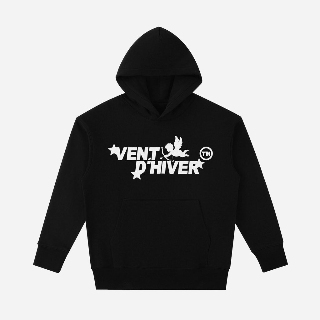 Black hoodie with 'Vent D'Hiver' logo on a white background