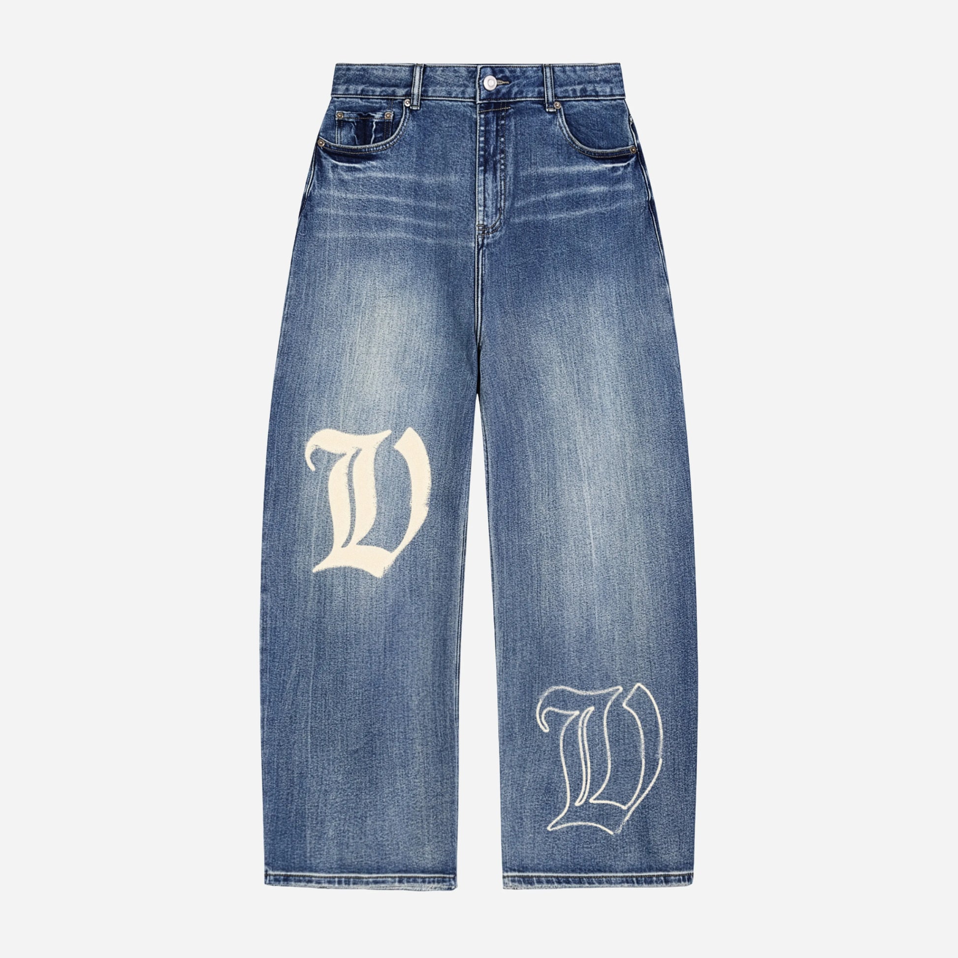 Blue jeans with white letter 'V' design on a light gray background