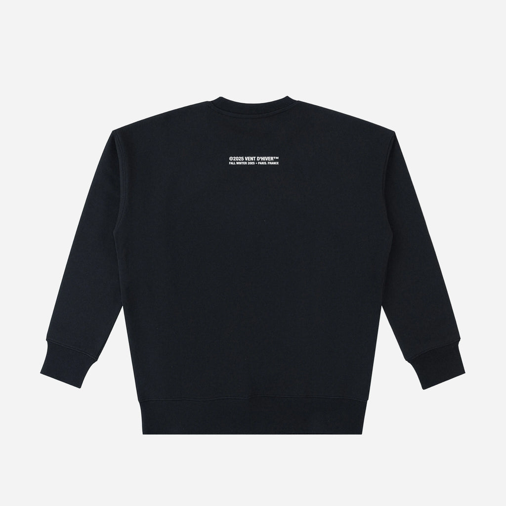 Black sweatshirt with a small white logo on the chest against a light gray background