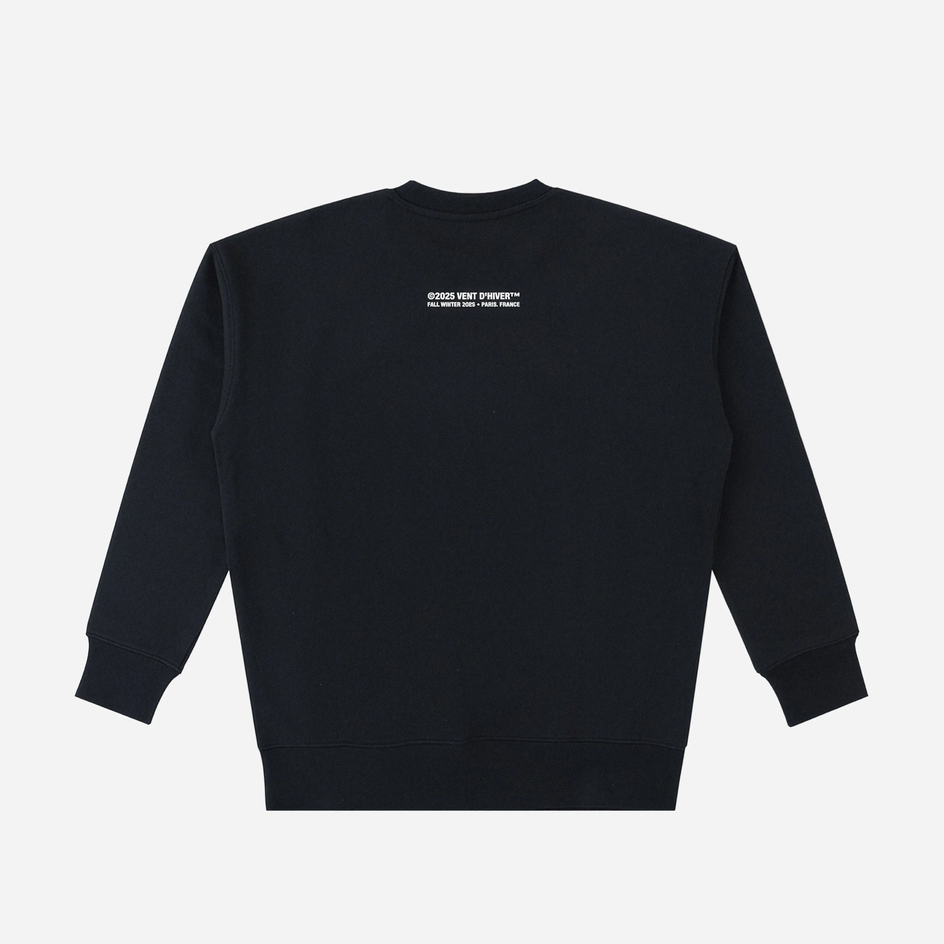 Black sweatshirt with a small white logo on the chest against a light gray background