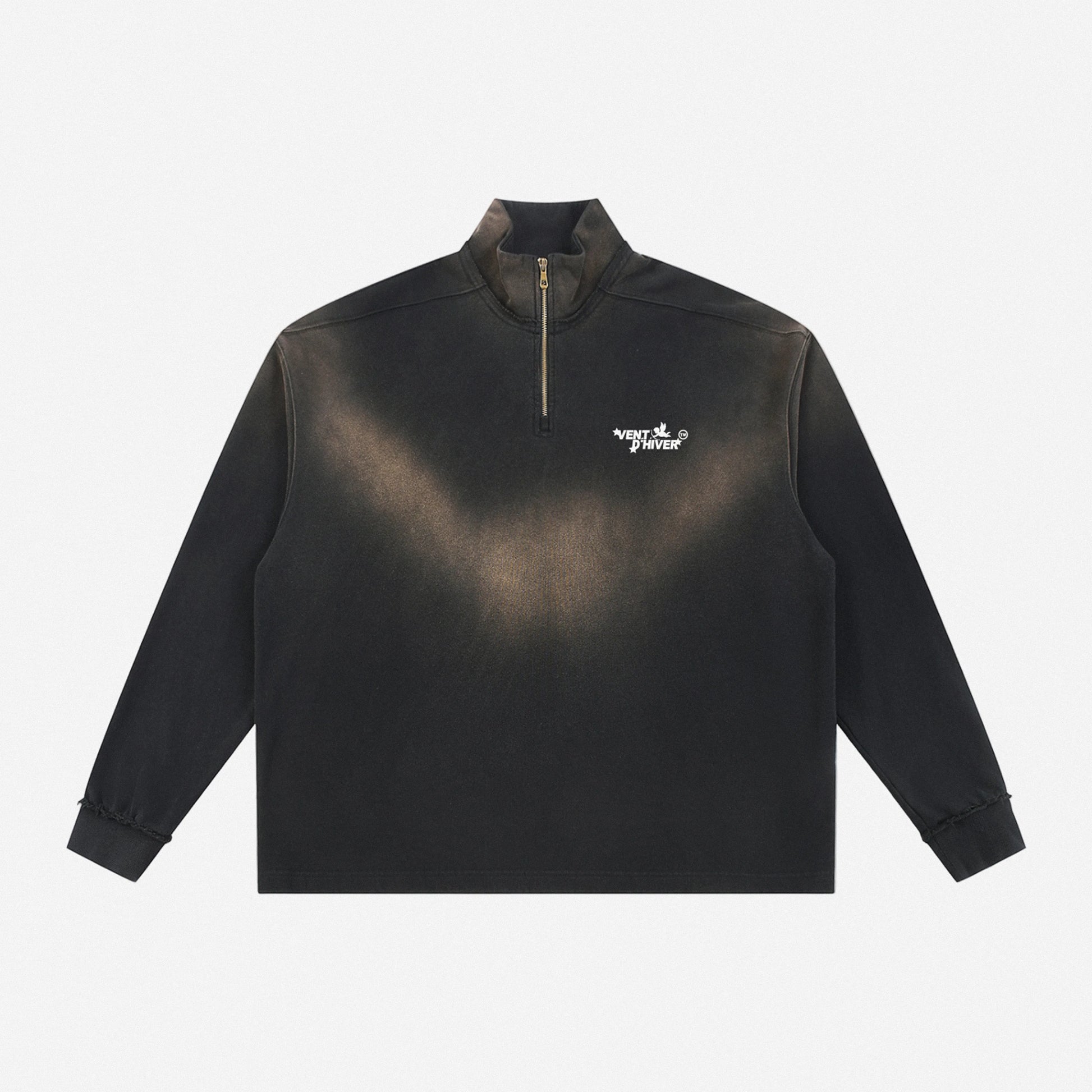 Black quarter-zip with a logo on a white background