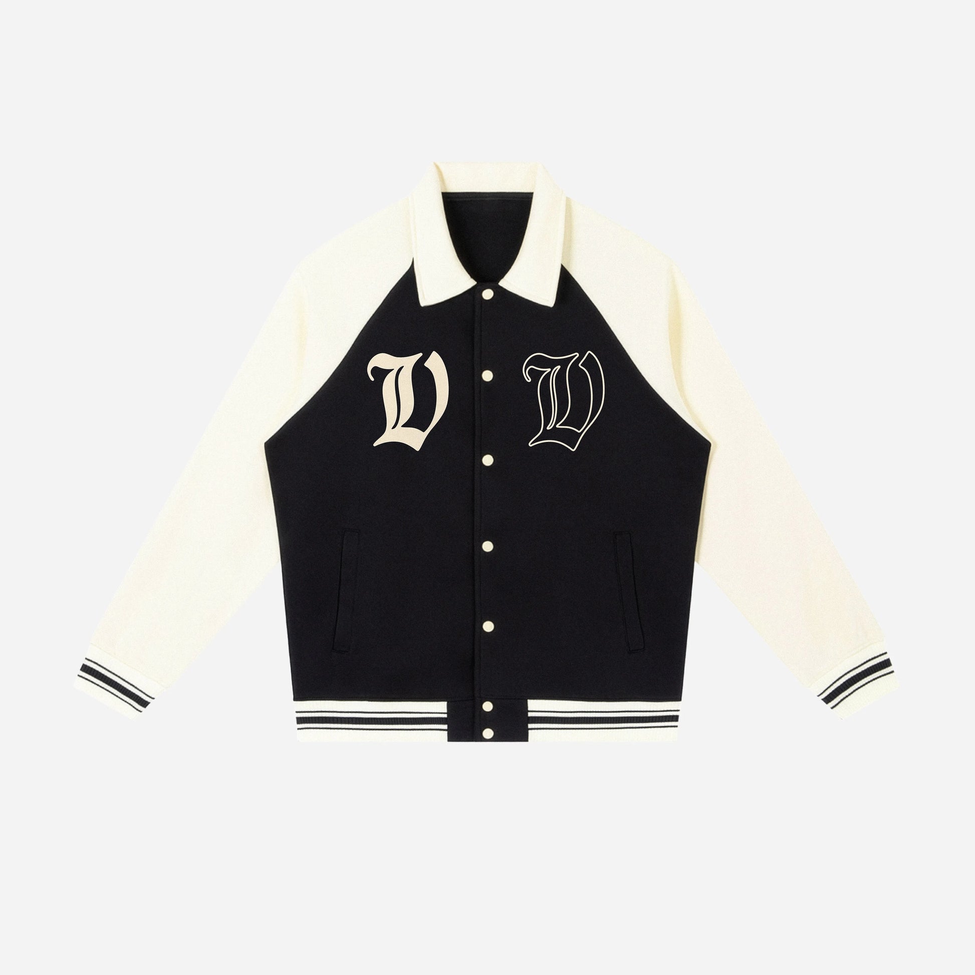 Black and white varsity jacket with letter 'V' on a white background