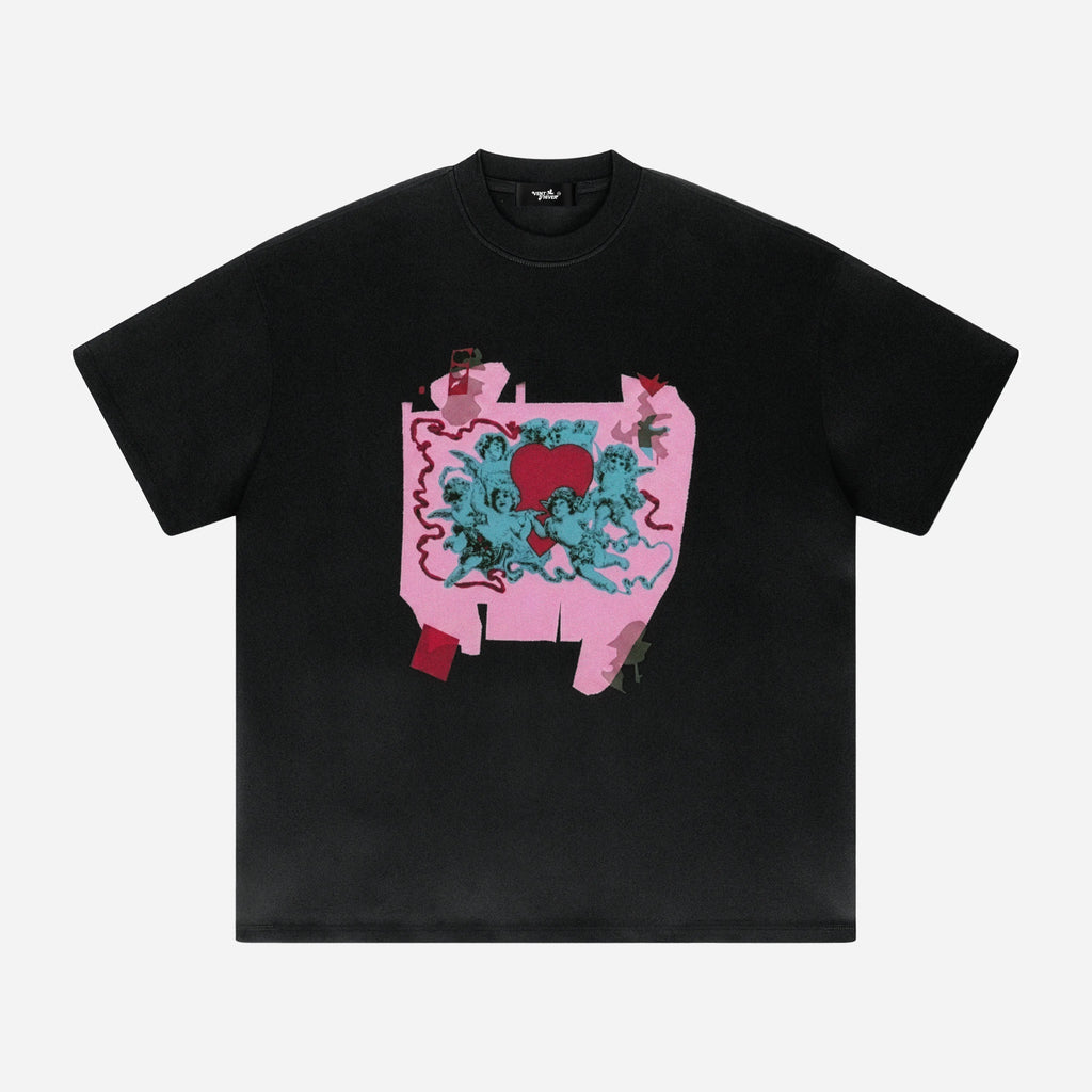 Black t-shirt with a colorful graphic design on a white background