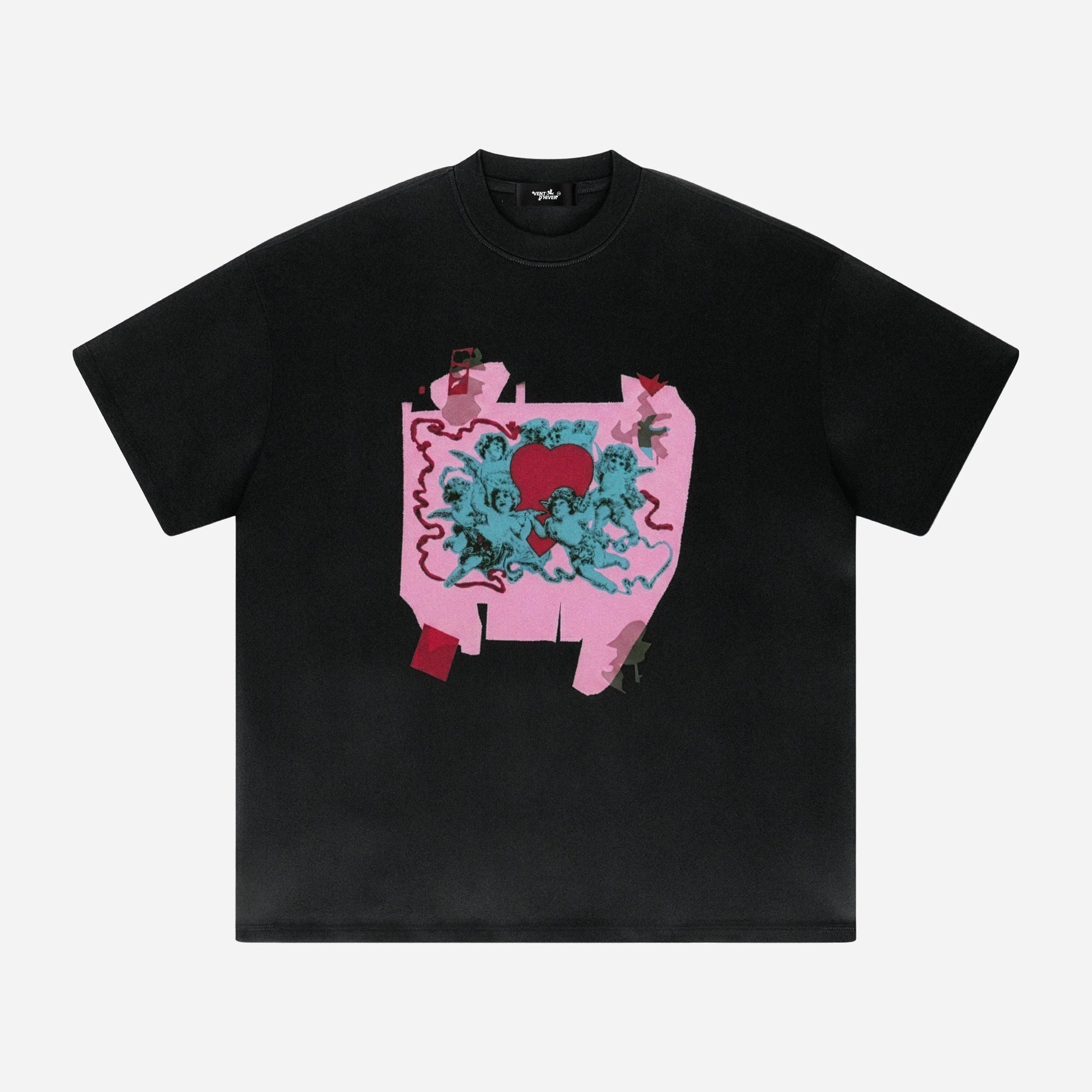 Black t-shirt with a colorful graphic design on a white background